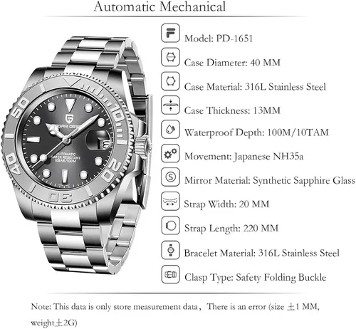 Miniatura 2 de Pagani Design 1651 - Reloj de pulsera para hombre, mecánico automático, movimiento NH35, 328.1 ft, resistente al agua, cristal de zafiro, bisel