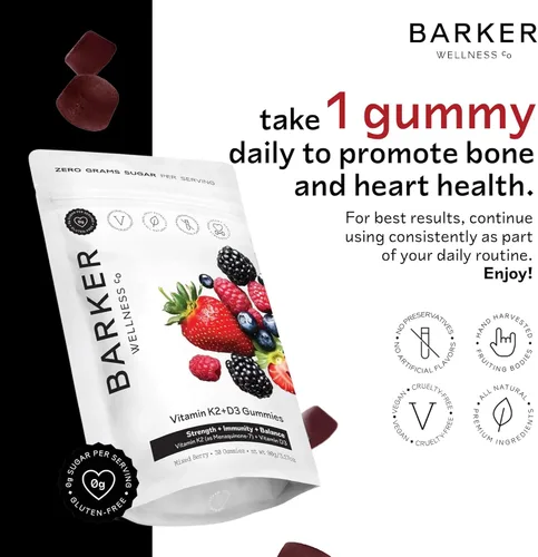 Miniatura 2 de Barker Wellness D3 K2 - Gomitas de vitamina – Potencia máxima 6000IU D3 + 200 mcg K2 para huesos fuertes, bienestar cardiovascular, apoyo