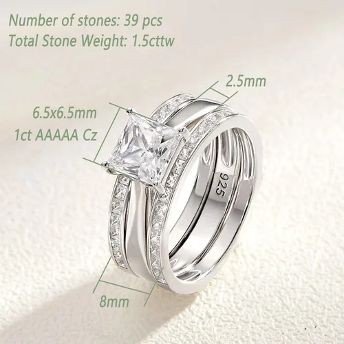 Miniatura 6 de Wuziwen Juego de anillos de novia de princesa para mujer, alianza de boda, realzadores de plata de ley con circonita cúbica, talla 4-13, Piedra