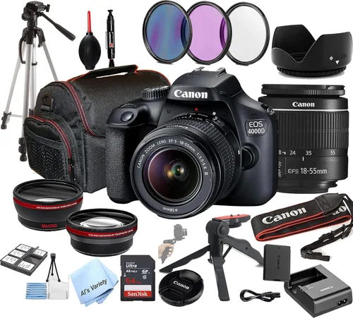 Canon Cámara DSLR EOS 4000D (Rebel T100) con lente de zoom EF-S 0.709-2.165 in F/3.5-5.6 + memoria de 128 GB + estuche + trípode + filtros (paquete