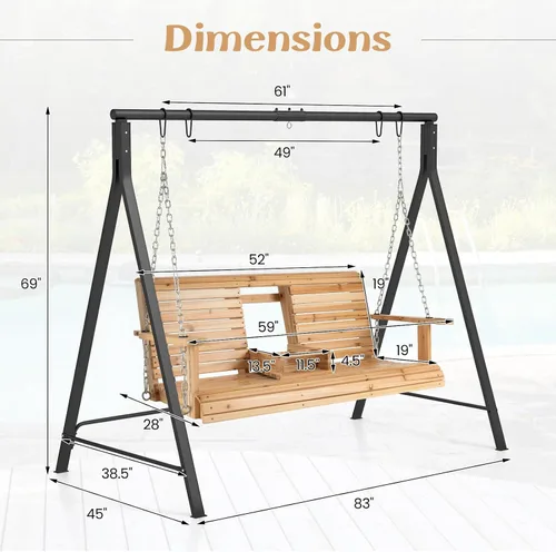 Miniatura 7 de Tangkula Columpio de porche con soporte, columpio colgante de madera para patio con 2 portavasos y marco de metal resistente en forma de A, columpio