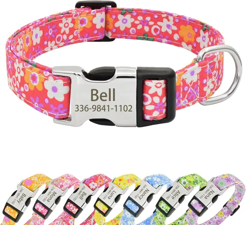 Miniatura 17 de Collares de perro florales personalizados con nombre, collares suaves personalizados con hebilla grabada para perros pequeños, medianos y grandes