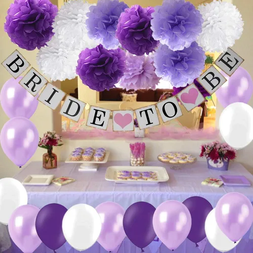 Miniatura 5 de Juego de decoración de despedida de soltera morada, pancarta de novia para ser blanco, lavanda, morado, papel de seda de gran tamaño, pompones