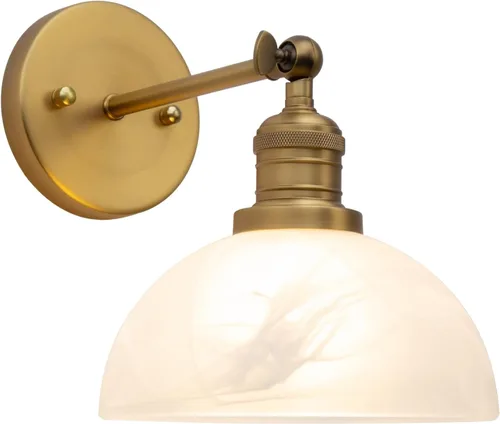 Lámpara de pared vintage de 1 luz con pantalla de vidrio blanco leche, lámpara rústica para montaje en pared interior para dormitorio, tocador, Latón