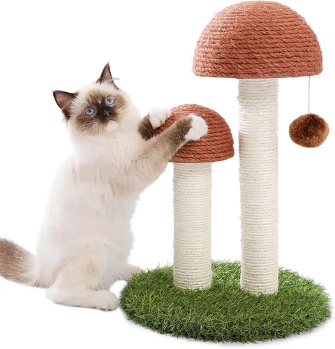 PETEPELA Rascador para gatos en forma de hongo, rascador alto con postes de sisal natural y pelota interactiva para gatitos y gatos pequeños (marrón)