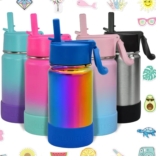 Miniatura 34 de CHILLOUT LIFE - Botella de agua aislada de 17 onzas con tapa con pajilla para niños, a prueba de fugas y bonitas calcomanías impermeables, termo
