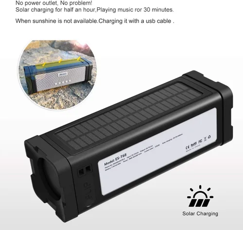Miniatura 9 de Altavoz solar Bluetooth, IPX7, impermeable, portátil, de 20 W, con 27 luces LED, batería de 5000 mAh, micrófono, tarjeta TF, para ducha al aire