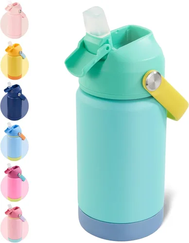 Kerilyn - Botella de agua para niños, de acero inoxidable, con pajilla a prueba de fugas, con aislamiento térmico, libre de bisfenol A, unisex, para