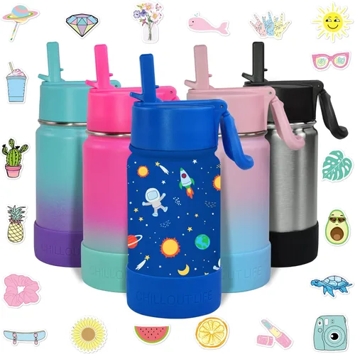 CHILLOUT LIFE Botella de agua aislada para niños de 12 onzas para la escuela con tapa con pajita, a prueba de fugas y bonitas calcomanías Espacio