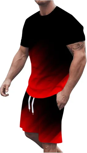 Muscularfit Conjunto corto de 2 piezas para hombre, sudadera casual de color degradado y pantalones cortos con cordón para hombre 2023
