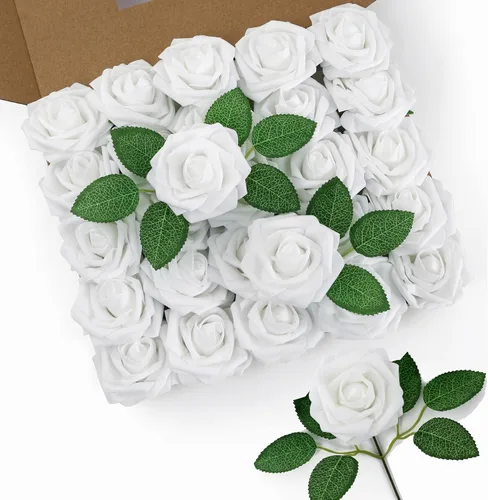 Miniatura 37 de DuHouse 25 rosas artificiales con tallos, flores de espuma de tacto real para bricolaje, ramo de boda, centro de mesa, arreglo floral, fiesta, Verde