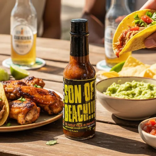 Miniatura 5 de Chile Lengua de Fuego ¡Son of Beach! Salsa picante – 1 botella – Carolina Reaper, ajo ahumado y Scotch Bonnet – calor extremo, lote pequeño, salsa