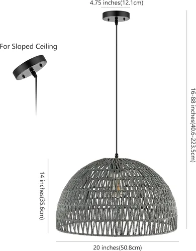 Miniatura 4 de JONATHAN Y Lámpara colgante LED de cuerda tejida bohemia moderna gris de 20 pulgadas, lámpara de techo de cúpula ajustable para isla de cocina