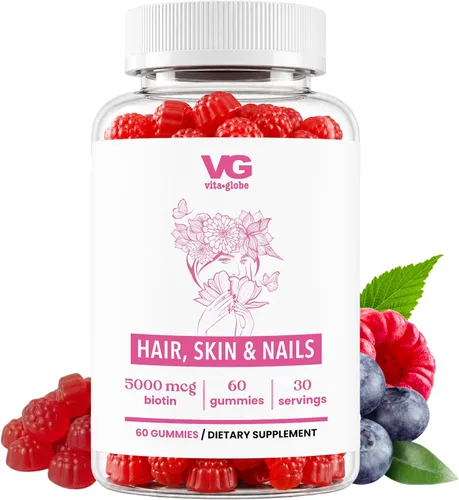 VITA GLOBE Gomitas de colágeno para cabello, piel y uñas + 20 mg con vitaminas A, C, D, E, B6 y biotina, suplemento de belleza y bienestar para un
