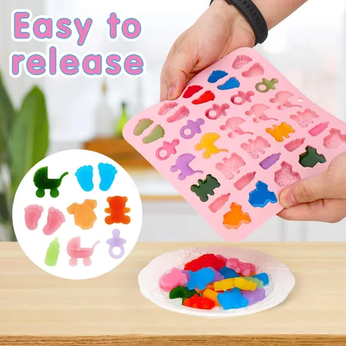 Miniatura 4 de Paquete de 2 moldes de chocolate para baby shower, moldes de dulces de silicona para bebés con formas de enterizo, pies, chupete, cunas, oso