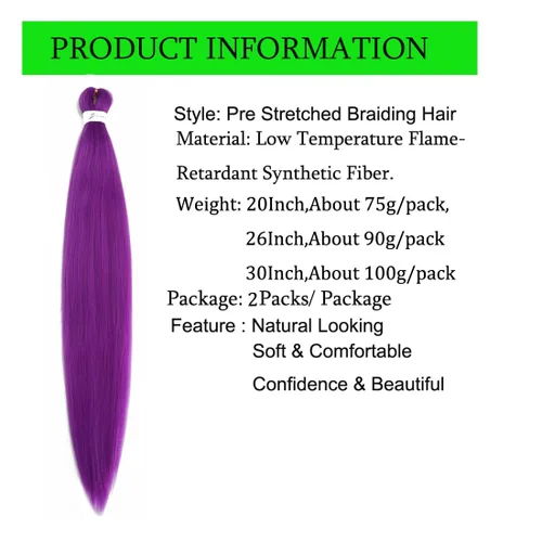 Miniatura 2 de Extensiones de cabello trenzado morado preestiradas, 20 pulgadas, 2 piezas de cabello sintético trenzado para niñas y mujeres, fiesta, disfraz