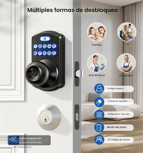 Miniatura 2 de Veise KS03 - Cerradura de perilla de puerta con teclado, cerradura digital de entrada sin llave con asa, perilla inteligente electrónica para puerta