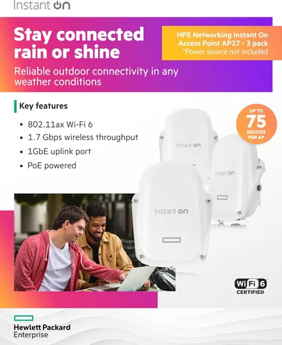Miniatura 3 de Punto de acceso inalámbrico HPE Networking Instant On AP27 2x2 WiFi 6 para exteriores (paquete de 3) Fuente de alimentación no incluida