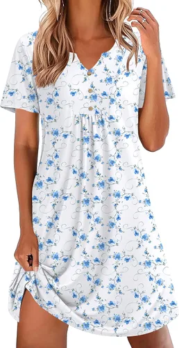 Miniatura 24 de Ekouaer Camisones para mujer de algodón Vestidos de noche Plisados Camisones Henley Cuello en V Camisas de dormir de manga corta Ropa de dormir