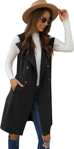Miniatura 3 de GORGLITTER Chaleco largo sin mangas con cuello abierto para mujer, chaqueta larga con bolsillo