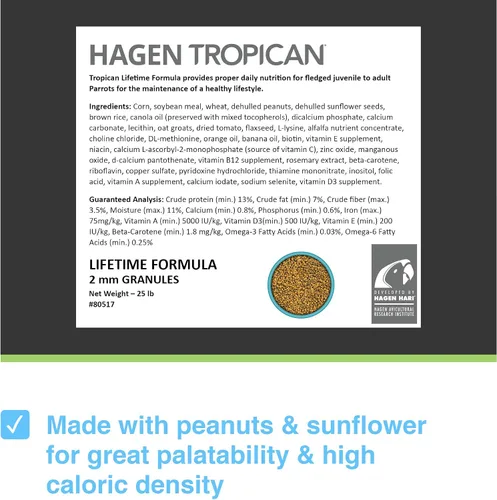 Miniatura 2 de Hari Tropican Bird Food, alimento para loros con cacahuetes y semillas de girasol, gránulos de cacatúas, fórmula de por vida, 0.079 in, bolsa de 25