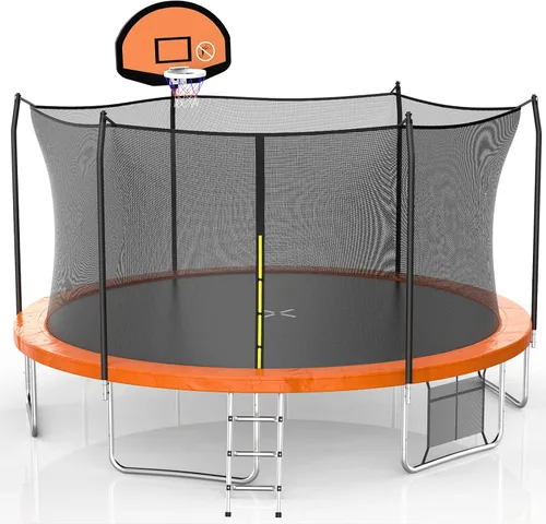 Miniatura 13 de AOTOB Trampolín de 8 pies, 10 pies, 12 pies, 14 pies, 15 pies, con red de seguridad, trampolín para exteriores con aro de baloncesto, alfombrilla