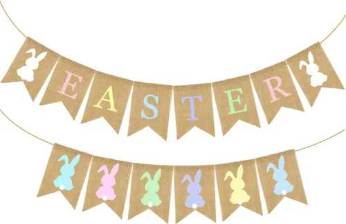 Doumeny Guirnalda colorida de arpillera de Pascua, 2 unidades, diseño de conejo, pancarta de fiesta de Pascua para chimenea, suministros de fiesta