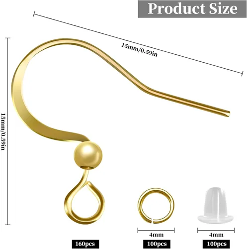 Miniatura 7 de 160 unidades/80 pares de ganchos para aretes chapados en oro de 14 quilates, hipoalergénicos, ganchos de pez con 100 piezas de silicona transparente