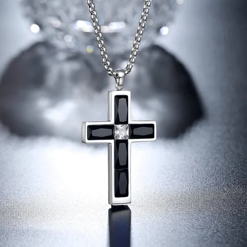 Miniatura 31 de Collar de cruz para hombre, piedras preciosas de color piedra natal de circonita cúbica, collar de acero inoxidable para hombre, cadena de 24