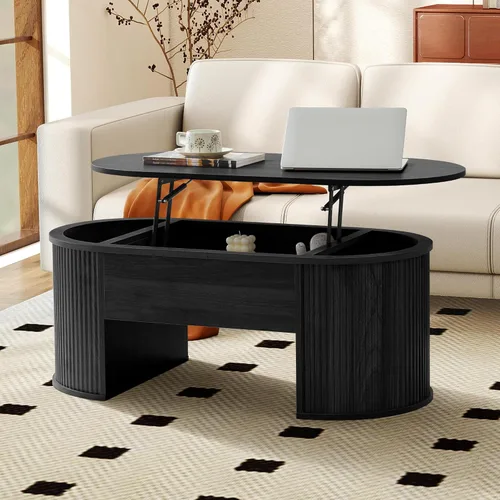 Miniatura 4 de ORRD Mesa de centro elevable, mesa de centro acanalada con parte superior elevable, mesa de comedor de madera con compartimento oculto, mesa central