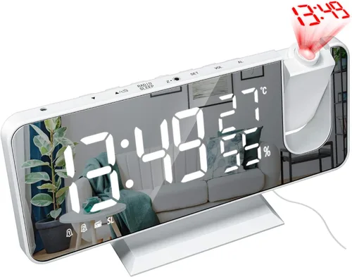 Miniatura 2 de ThreeH Reloj despertador de proyección con cargador USB Proyector giratorio de 180° Reloj despertador con radio FM Pantalla de espejo de 7.4