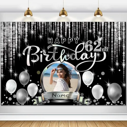 Miniatura 76 de Cartel de decoración de feliz cumpleaños número 100 personalizado - Personalización disponible - Negro y plateado - Tamaño grande - Admite fotos