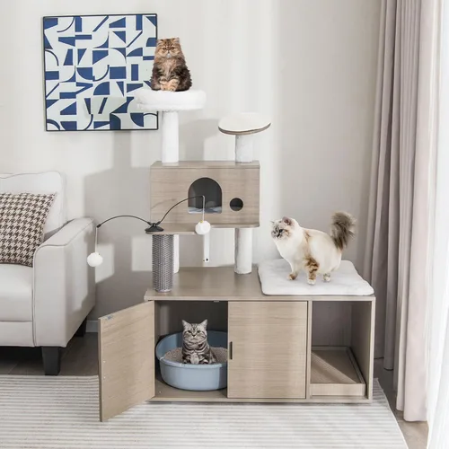 Miniatura 2 de Tangkula Árbol para gatos con caja de arena, torre para gatos con caja de arena, condominio para gatos, tabla de rascar, perca de felpa suave, bolas