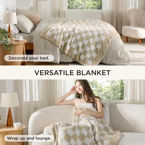 Miniatura 2 de Bedsure Juego de edredón individual con manta a cuadros para sofá, 3 piezas, 1 edredón beige tamaño individual, 1 funda de almohada, 1 manta a
