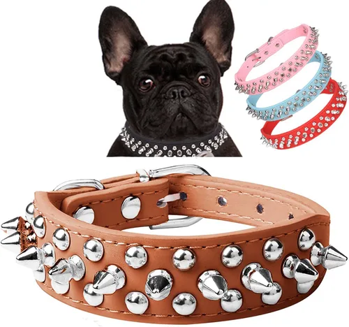 Miniatura 10 de Serijoars Collar para perro con clavos, de piel sintética suave con remaches de hongos, collar ajustable para cachorros (L, Rojo)
