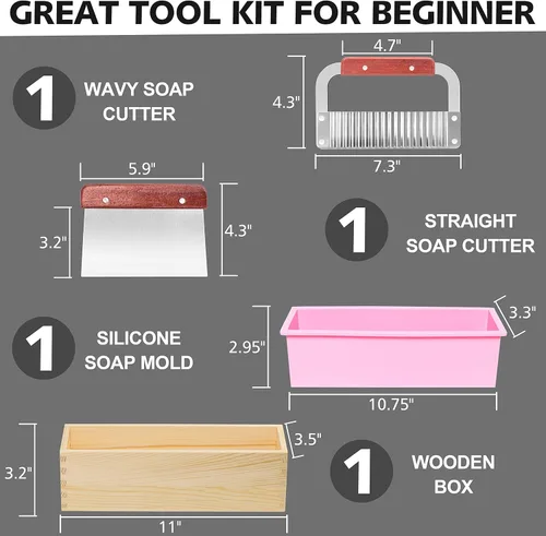 Miniatura 7 de Lerykin Kit de molde rectangular para jabón con cortador - Molde de jabón rectangular flexible de silicona de 42 oz con caja de madera, raspador