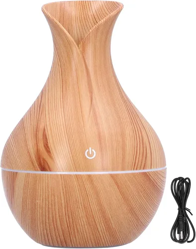 Humidificador de grano de madera de 4.4 fl oz con luz nocturna ambiental de 7 colores, mini humidificador alimentado por USB para (grano de madera