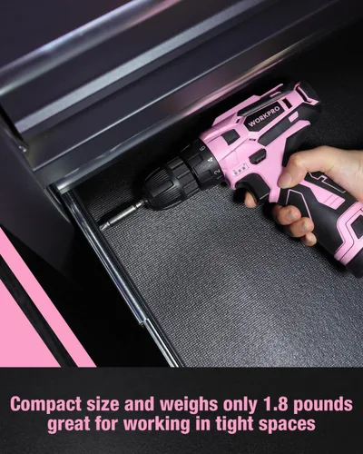 Miniatura 8 de WORKPRO Juego de Taladro Atornillador Inalámbrico Rosa, Kit de Herramientas de Atornillador Eléctrico de 12V, Portabrocas sin Llave de 3/8