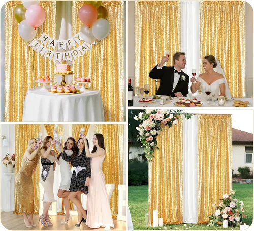 Miniatura 3 de Juya Delight 2 cortinas de lentejuelas doradas de 2 x 8 pies, telón de fondo de fotos con purpurina para fiestas, cumpleaños, bodas, decoración