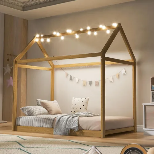 Miniatura 9 de Harper & Bright Designs Base de cama Montessori de tamaño individual, cama de piso de madera con techo para niños y niñas, no necesita somier, gris
