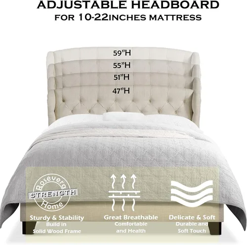 Miniatura 3 de Rosevera Issac - Cama con cabecera ajustable de diseño distintivo y marco de cama acolchado con botones, tamaño King, beige clásico Gris clásico