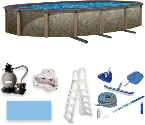 Blue Wave Riviera - Paquete de piscina de pared metálica ovalada de 15 pies x 30 pies, 54 pulgadas de profundidad, 8 pulgadas de profundidad, riel