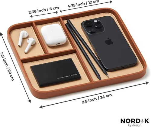 Miniatura 6 de Nordik - Bandeja de valet de cuero, color marrón arena, bandeja de mesita de noche elegante y organizada de cuero vegano de primera calidad