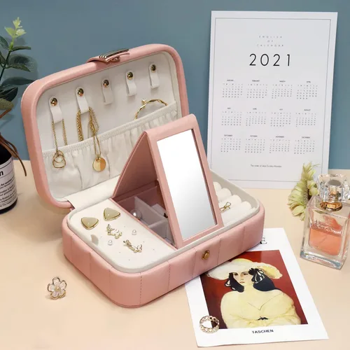 Miniatura 2 de KAMIER Joyero de piel sintética Joyero acolchado de diamante de viaje con espejo para anillos, aretes, collar, organizador de joyas portátil