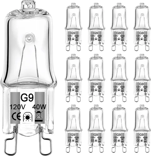 Miniatura 9 de Bombilla G9 de 25 W, paquete de 12 bombillas halógenas G9, base de 2 pines, tipo T4 JCD de 120 V, bombilla pequeña de xenón para candelabros, luz
