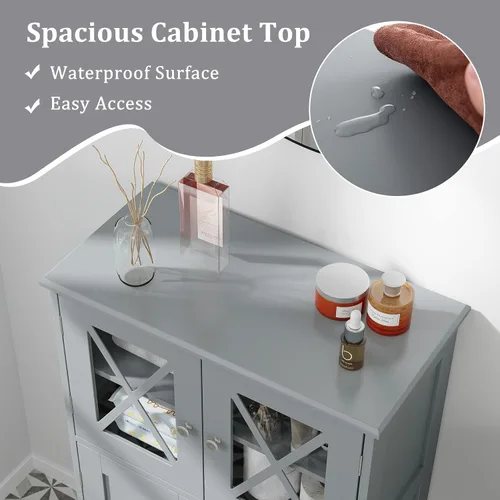 Miniatura 4 de Giantex Armario de almacenamiento de piso de baño, gabinete de piso de lino con puertas y estantes ajustables, organizador de almacenamiento lateral