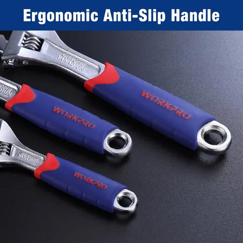 Miniatura 4 de WORKPRO Juego de llaves ajustables CR-V de 3 piezas con empuñaduras antideslizantes de goma de 10 pulgadas, 8 pulgadas, 6 pulgadas