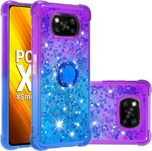 Funda de teléfono para Xiaomi Poco X3 NFC/X3 Pro, carcasa de TPU con purpurina y soporte, protección mejorada contra caídas, color morado