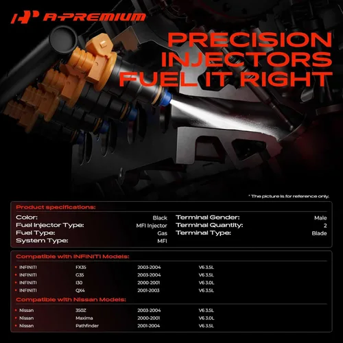 Miniatura 2 de A-Premium Inyectores de combustible compatibles con Nissan Pathfinder 2001-2004, Maxima 2000-2001, 350Z 2003-2004, FX35/G35 2003-2004, I30