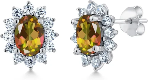 Miniatura 16 de Gem Stone King Aretes ovalados de plata de ley 925 de 0.276 x 0.197 in con piedra natal de la princesa Diana, estilo halo real para mujeres